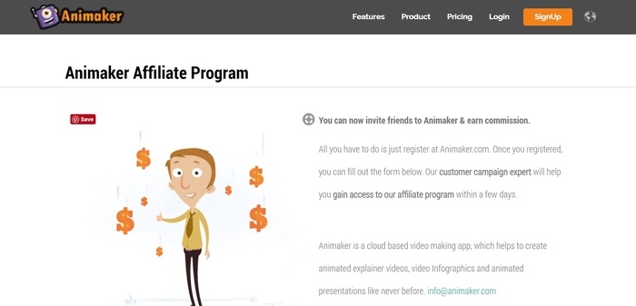 screenshot of the affiliate sign up page for Animaker