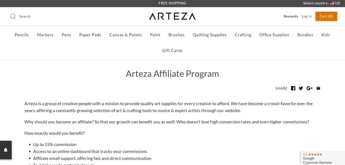 screenshot of the affiliate sign up page for Arteza