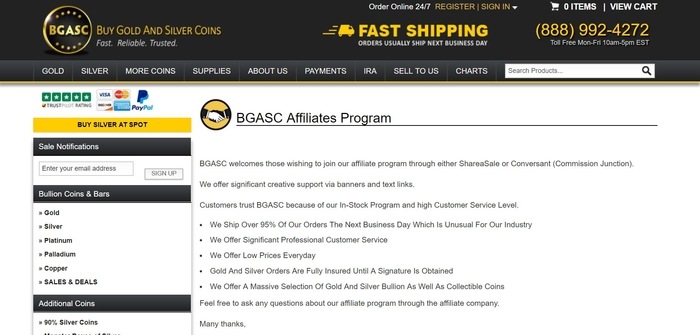 screenshot of the affiliate sign up page for BGASC