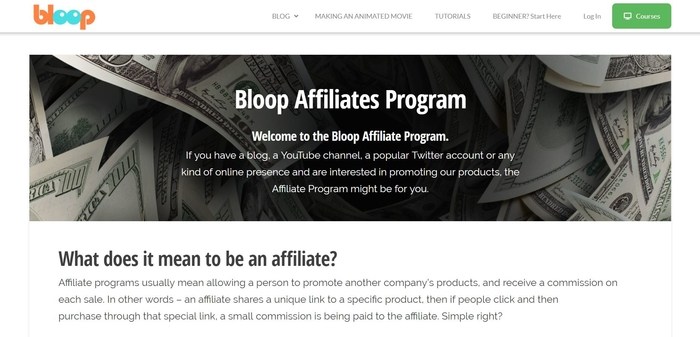 screenshot of the affiliate sign up page for Bloop Animation