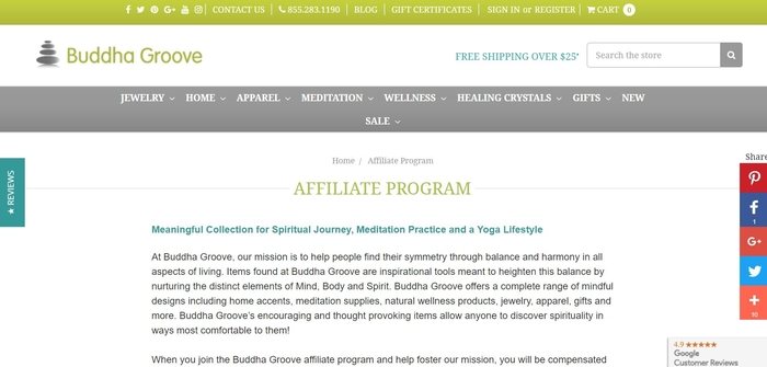 screenshot of the affiliate sign up page for Buddha Groove