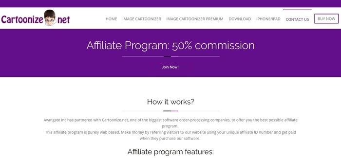 screenshot of the affiliate sign up page for Cartoonize.net