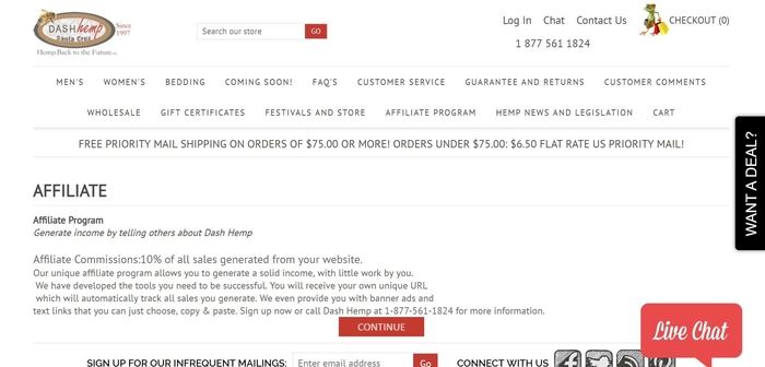 screenshot of the affiliate sign up page for Dash Hemp