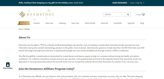 screenshot of the affiliate sign up page for Dermstore