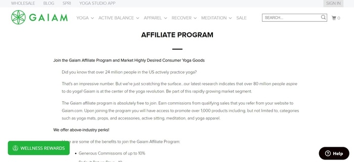 screenshot of the affiliate sign up page for Gaiam