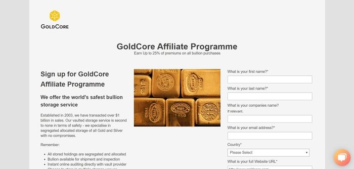 screenshot of the affiliate sign up page for GoldCore