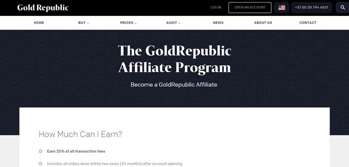 screenshot of the affiliate sign up page for GoldRepublic