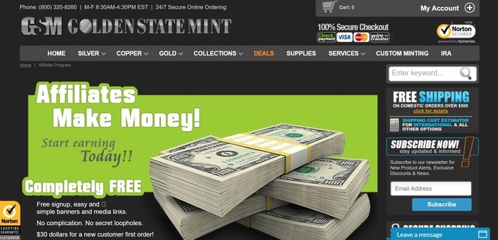 screenshot of the affiliate sign up page for Golden State Mint