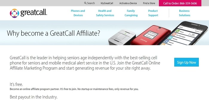 screenshot of the affiliate sign up page for GreatCall