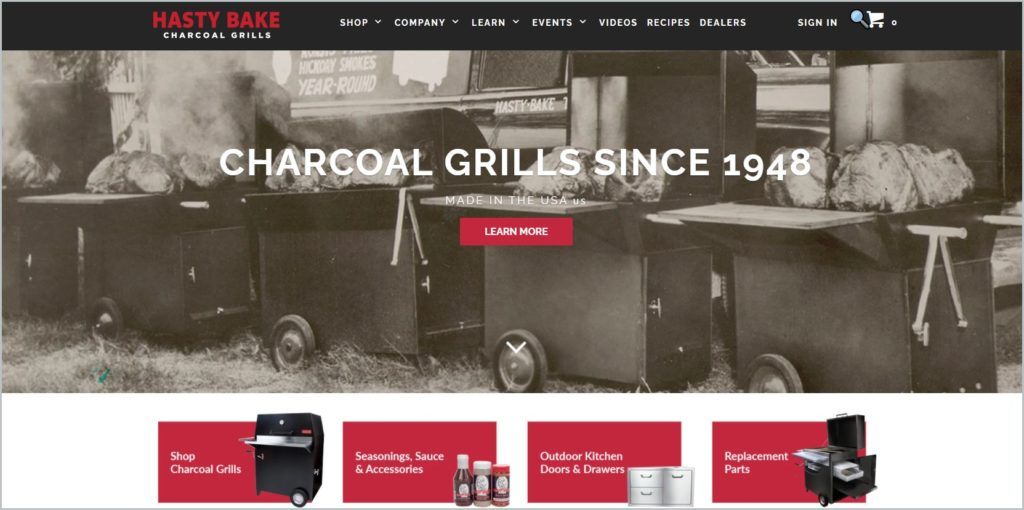 screenshot of Hasty Bake Charcoal Grills home page