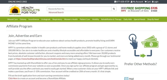 screenshot of the affiliate sign up page for Health Products For You