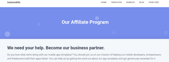 Instamobile affiliate program showing a purple background and white text