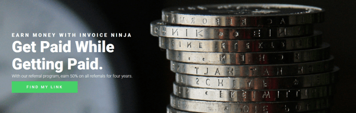 A website screenshot from the Invoice Ninja affiliate program showing a stack of coins