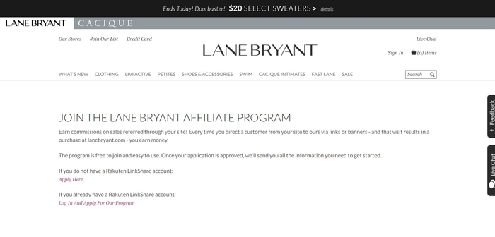 screenshot of the affiliate sign up page for Lane Bryant