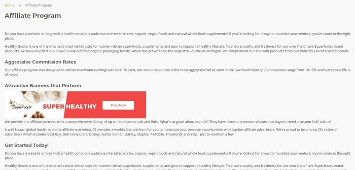 screenshot of the affiliate sign up page for Live Superfoods