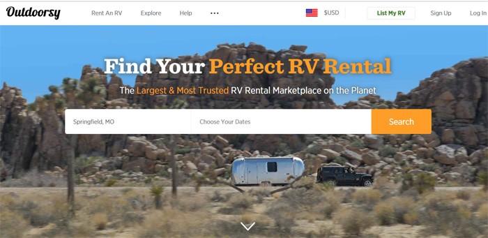 Screenshot from Outdoorsy showing an RV in the desert