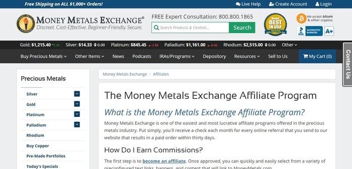 screenshot of the affiliate sign up page for Money Metals Exchange