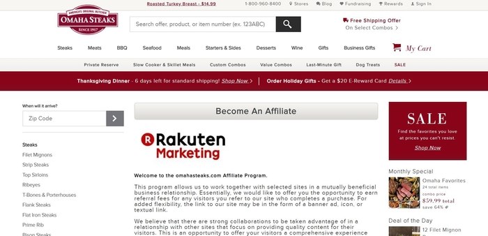 screenshot of the affiliate sign up page for Omaha Steaks