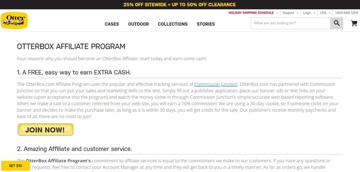 screenshot of the affiliate sign up page for OtterBox