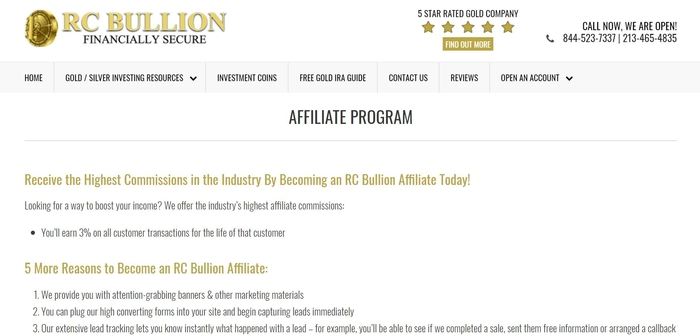 screenshot of the affiliate sign up page for RC Bullion