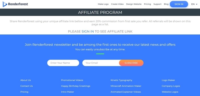 screenshot of the affiliate sign up page for Renderforest