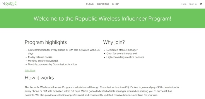 screenshot of the affiliate sign up page for Republic Wireless