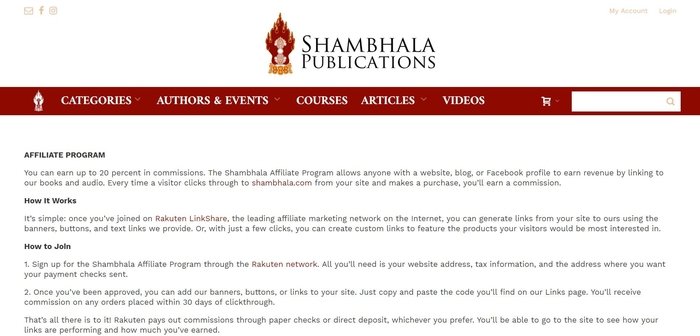 screenshot of the affiliate sign up page for Shambhala Publications