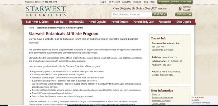 screenshot of the affiliate signup page for Starwest Botanicals