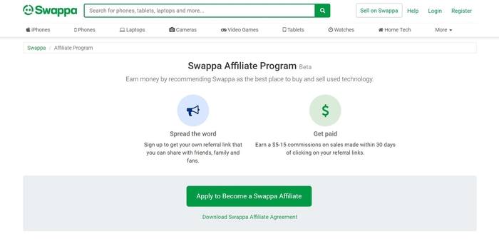 screenshot of the affiliate sign up page for Swappa