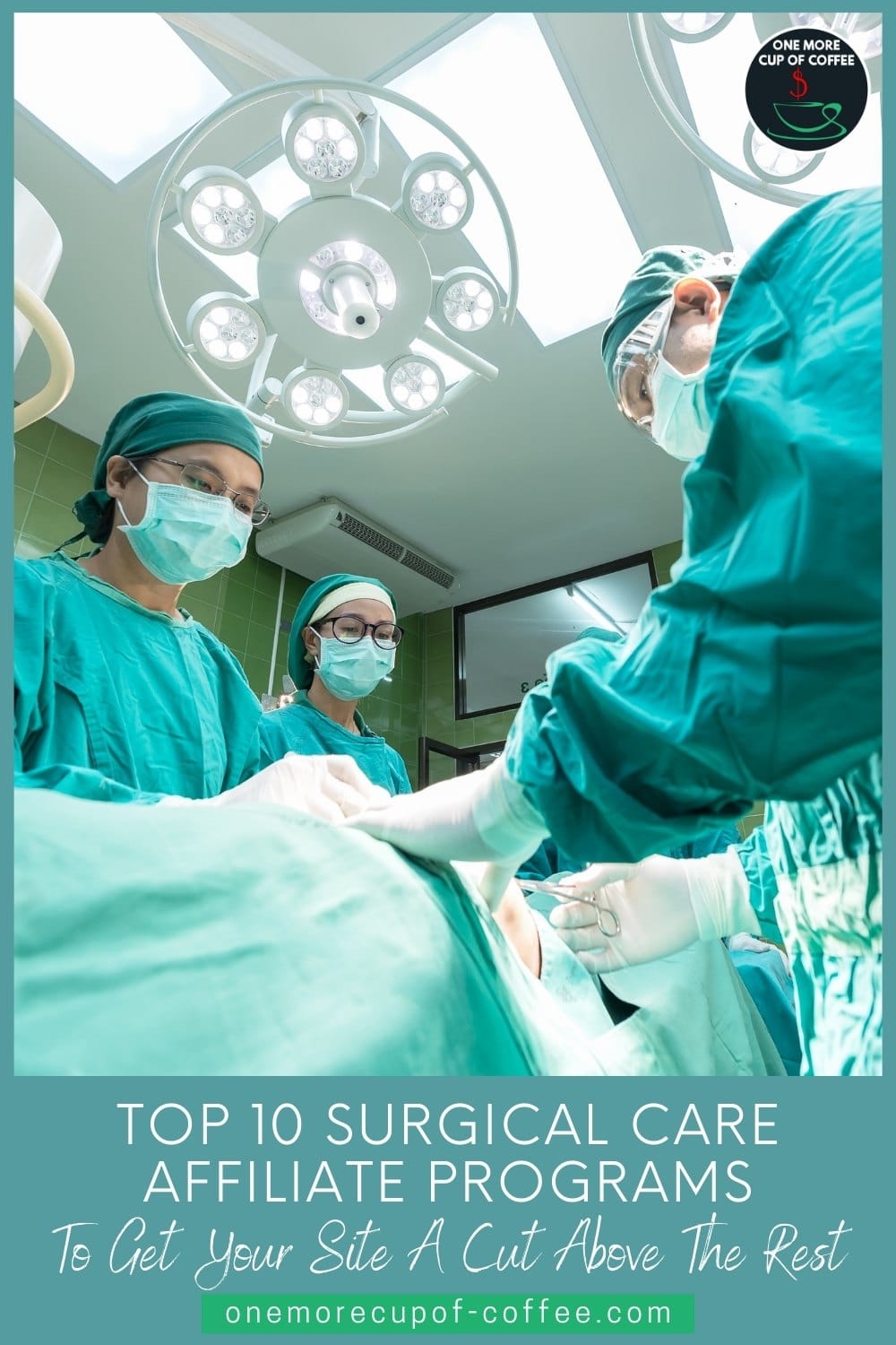 doctors inside the surgery room operating on a patient; with text overlay "Top 10 Surgical Care Affiliate Programs To Get Your Site A Cut Above The Rest"