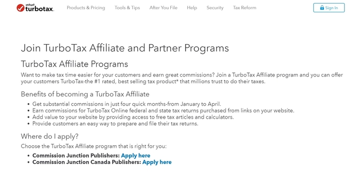 screenshot of the affiliate sign up page for TurboTax