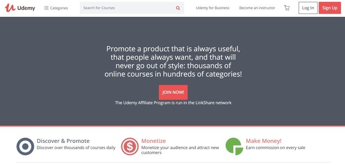 screenshot of the affiliate sign up page for Udemy