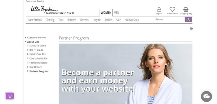 screenshot of the affiliate sign up page for Ulla Popken