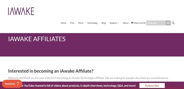 screenshot of the affiliate sign up page for iAwake