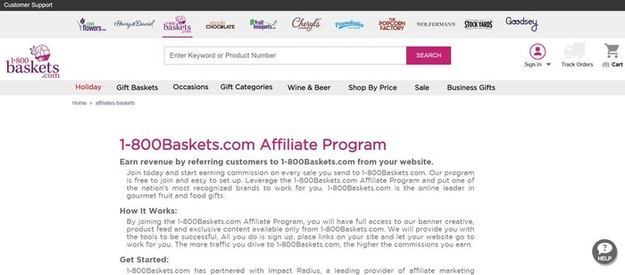 screenshot of the affiliate sign up page for 1-800Baskets.com