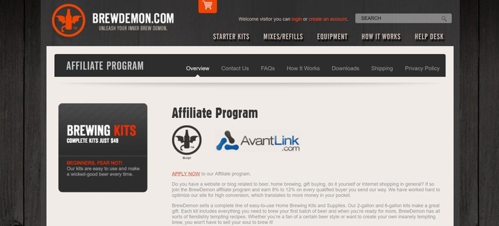 screenshot of the affiliate sign up page for BrewDemon