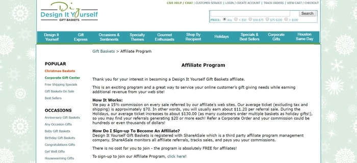 screenshot of the affiliate sign up page for Design It Yourself Gift Baskets