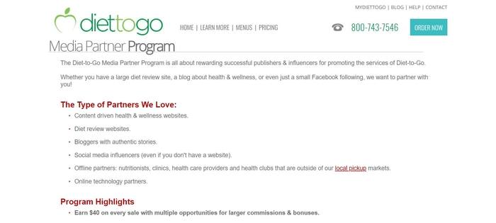 screenshot of the affiliate sign up page for Diettogo