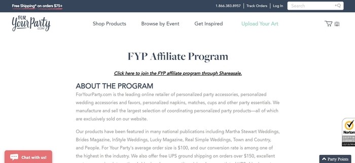 screenshot of the affiliate sign up page for ForYourParty