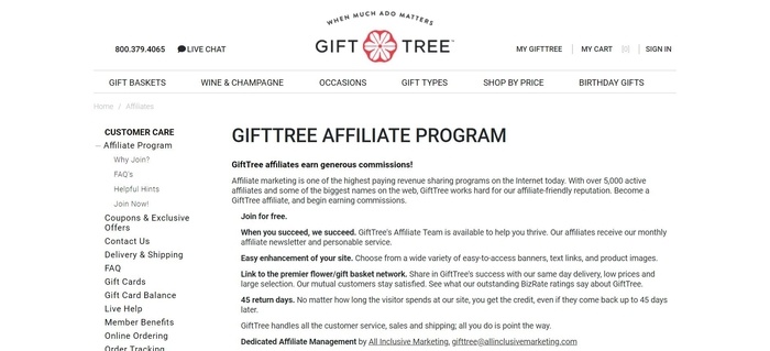 screenshot of the affiliate sign up page for GiftTree