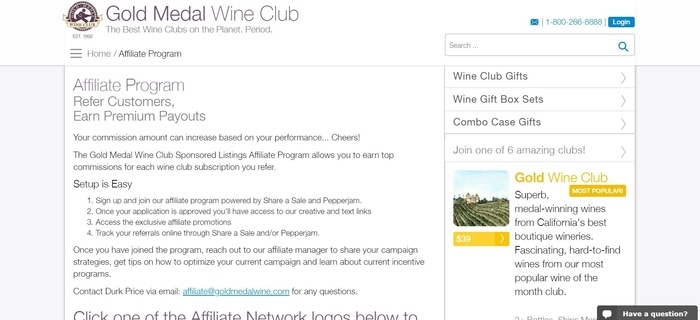 screenshot of the affiliate sign up page for Gold Medal Wine Club