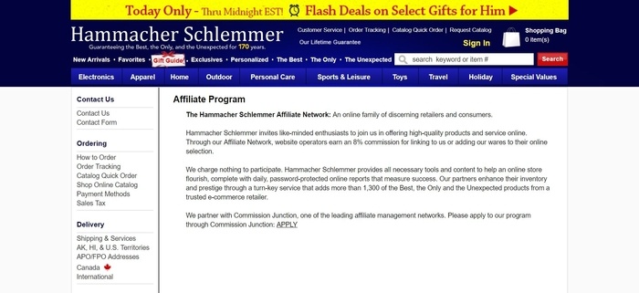 screenshot of the affiliate sign up page for Hammacher Schlemmer