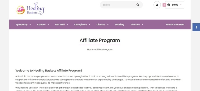 screenshot of the affiliate sign up page for Healing Baskets