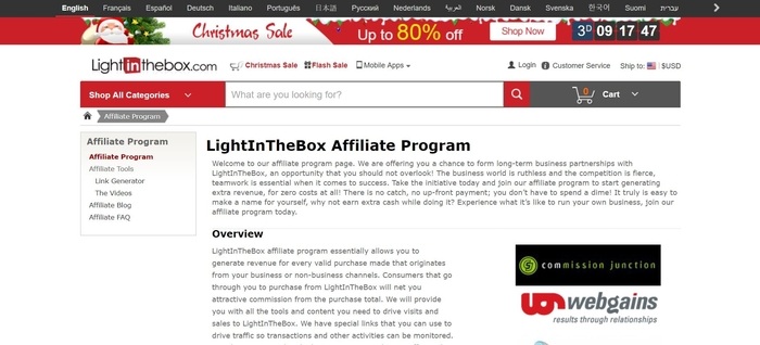 screenshot of the affiliate sign up page for LightInTheBox