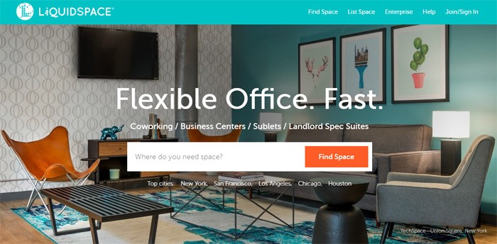 Liquid Space website screenshot showing an office space indoors