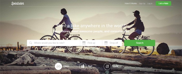 Spinlister website screenshot showing biking outdoors