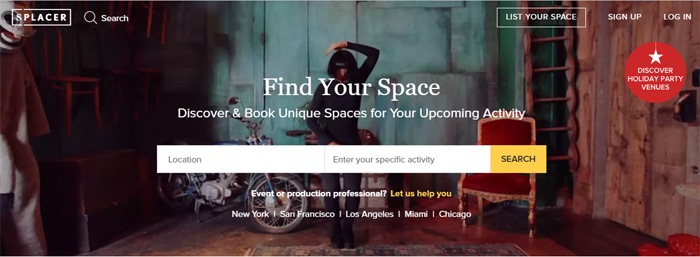 Website screenshot from Splacer showing a creative space