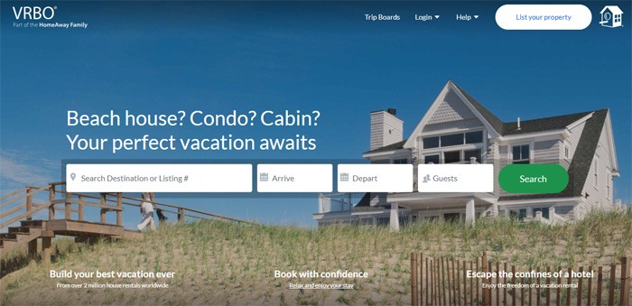 A screenshot from the VRBO site showing a houe against a blue sky