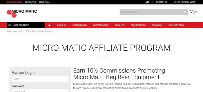 screenshot of the affiliate sign up page for Micro Matic