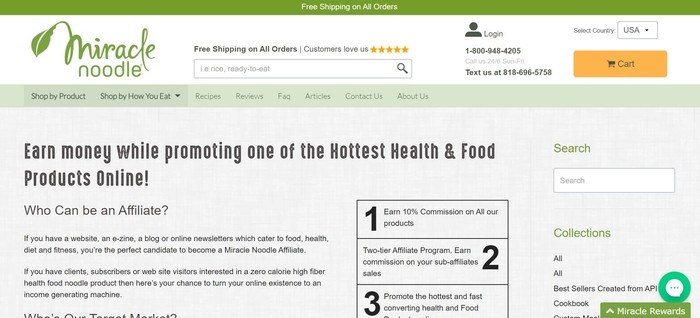 screenshot of the affiliate sign up page for Miracle Noodle